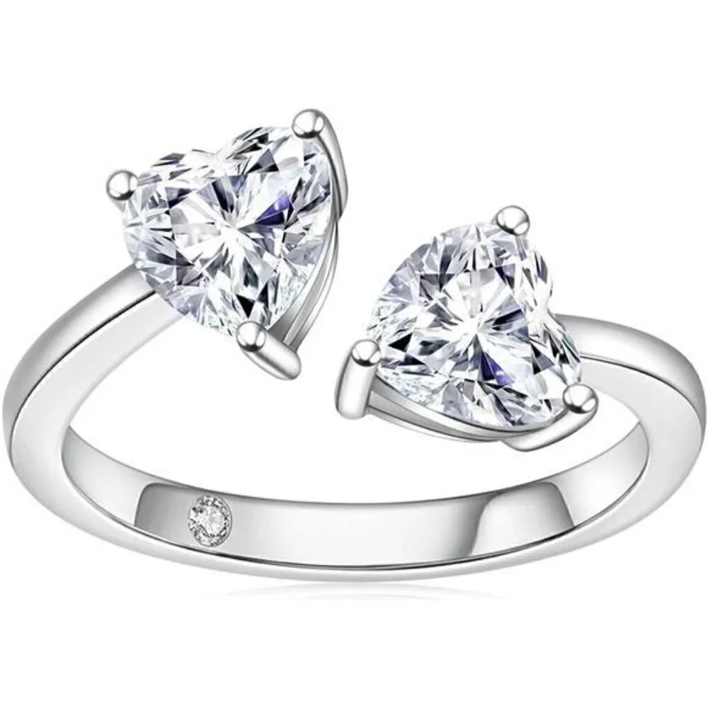 CERTIFIED 14k White Gold 2.0ct Heart Diamond Adjustable Ring Moissanite 925